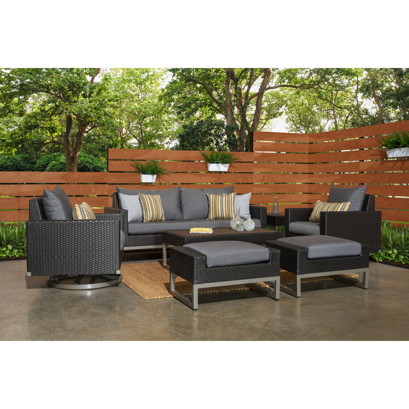 Milo Motion 7 Piece Rattan Sunbrella Sofa Set with Cushions, Charcoal Grey Sunbrella®, Brown