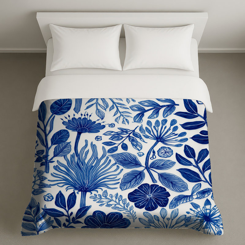 Housses de couette bleues à motif botanique, Très grand lit