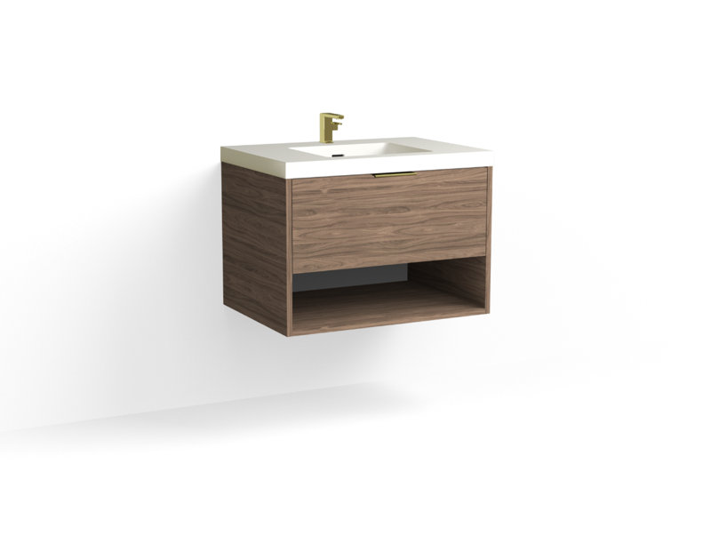 Modo 30" W Wall Mounted Single Bathroom Vanity, Glossy White/8" Widespread, Biondo, Polished Nickel