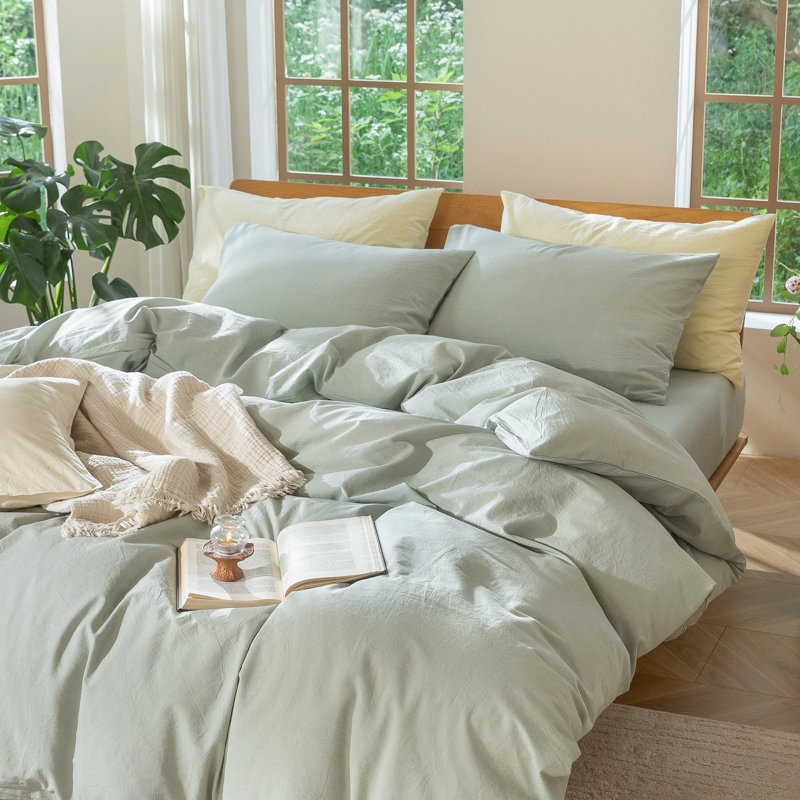MooMee Lightweight Duvet Cover Set with Zipper Closure 8 Ties 100% Washed Cotton Linen Like Textured Soft Breathable All-Season