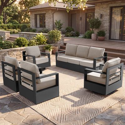 Premium Metal Outdoor Patio Conversation Set, Powder-Coated Aluminum Deep Seating Sofa & Swivel Rocking Armchairs with 6" Thick Cushions