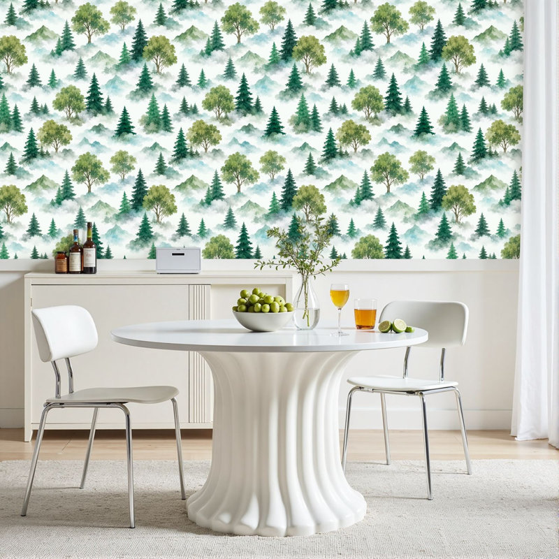 Rouleau de papier peint pelucheux et adhésif amovible Misty Mountain Forest Layered Pineers L 23,6 po x H 118 po
