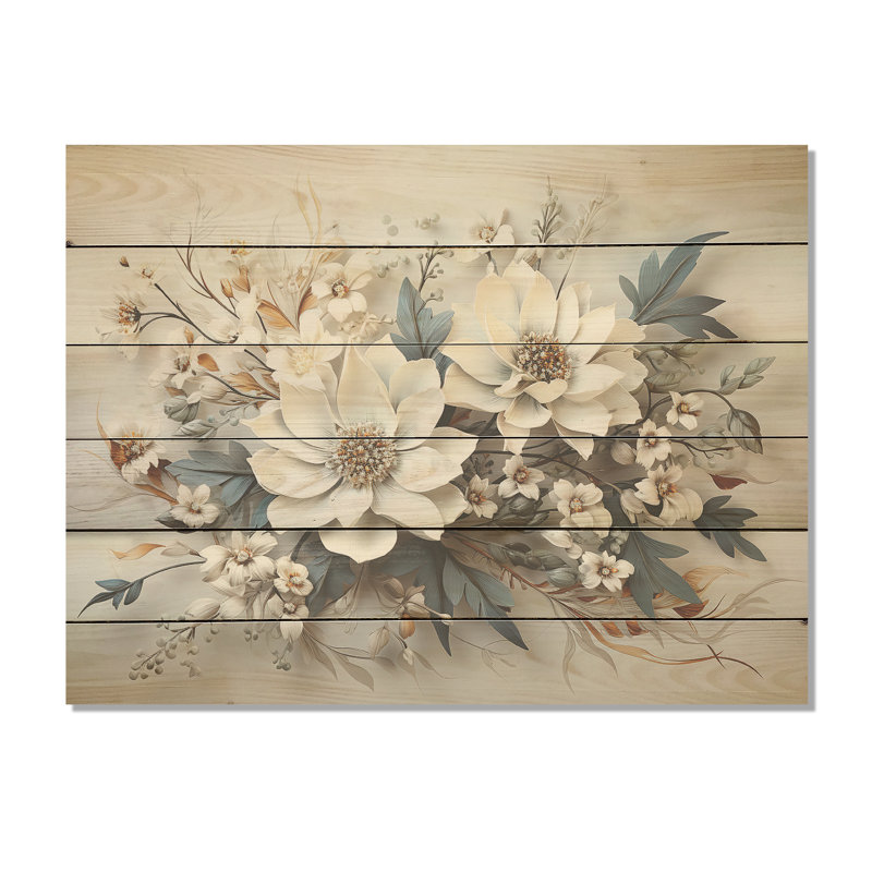 Seasonal Flowers Charm In Winter I - Seasonal Flowers Wood Art On Natural Pine Wood, 10" H x 20" W