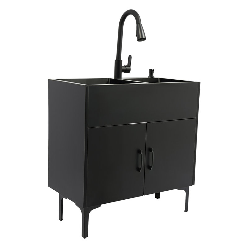 Laundry Sink With Pull-Out Faucet And Cabinet, Matte Black