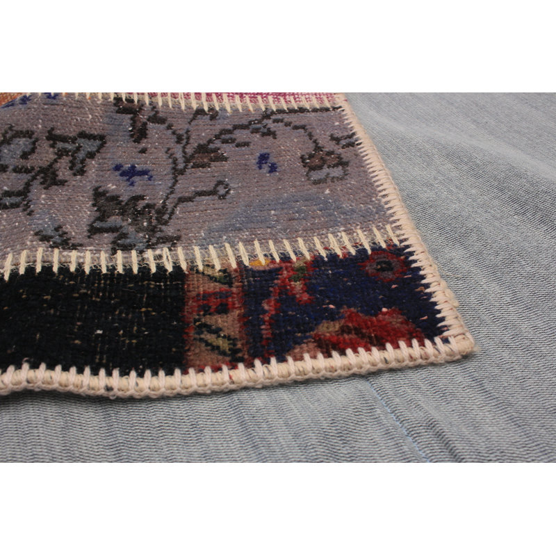 Tapis unique en laine noué à la main style patchwork ivoire / bleu / gris années 2010 5 pi 4 po x 8 pi 2 po Lunora