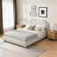 Structure de lit plateforme grand tapissier avec tête de lit arrondie à coins arrondis, lattes en bois, pieds en bois de chêne massif, tissu chenille, aucun sommier requis, assemblage facile, beige-1791800264