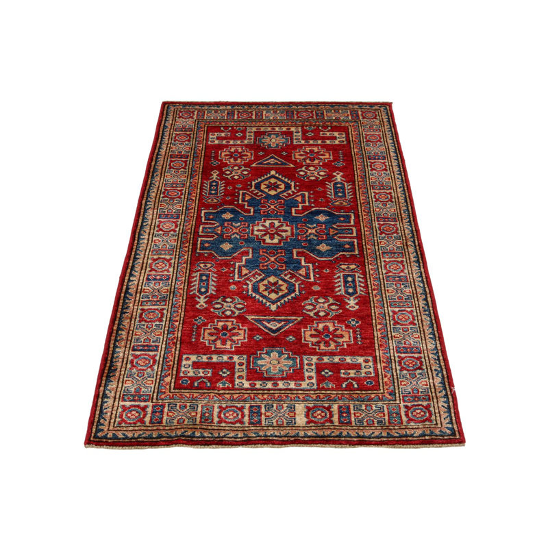 Tapis tribal Kazak 3 x 4 rouge et ivoire
