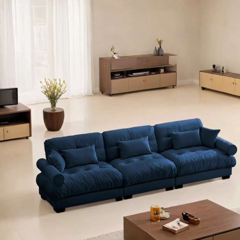 Canapé moderne surdimensionné à 3 places avec confort lombaire et coussins en forme de nuage, Velours bleu