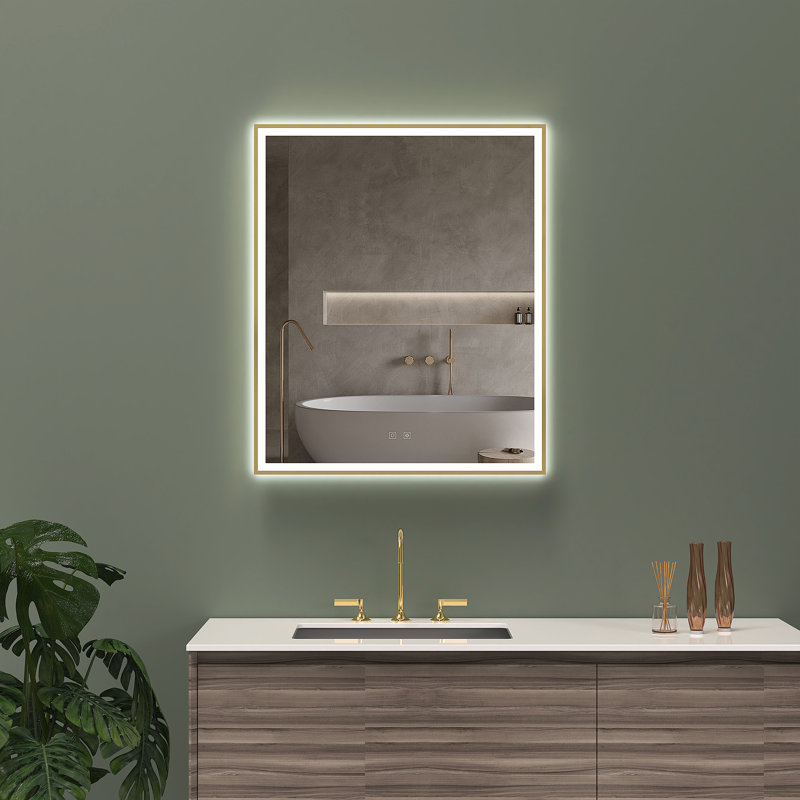 Miroir mural rectangulaire DEL 48 "x 36" avec cadre en aluminium, désembueur, température et luminosité réglables Eden - or brossé