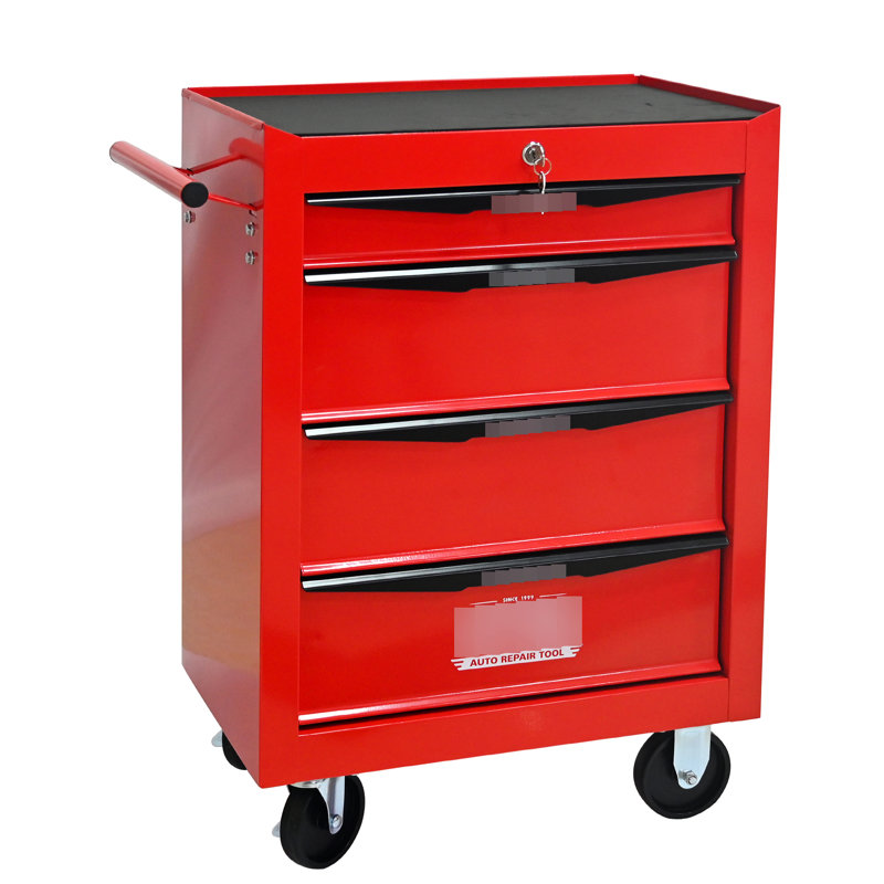 Armoire à outils multifonctionnelle 20 po à 4 tiroirs, avec roulettes, rouge et noir, glissières à roulement pour glissières en métal à ouverture douce, surface de rangement supplémentaire fréquemment utilisée