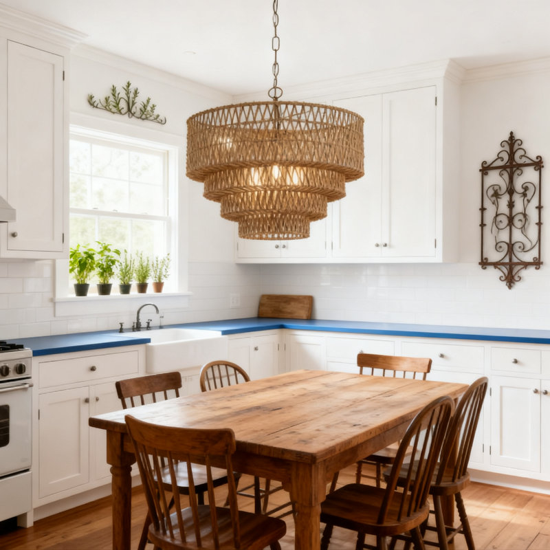 Lustre 6 lumières Boho Rattan, Doré