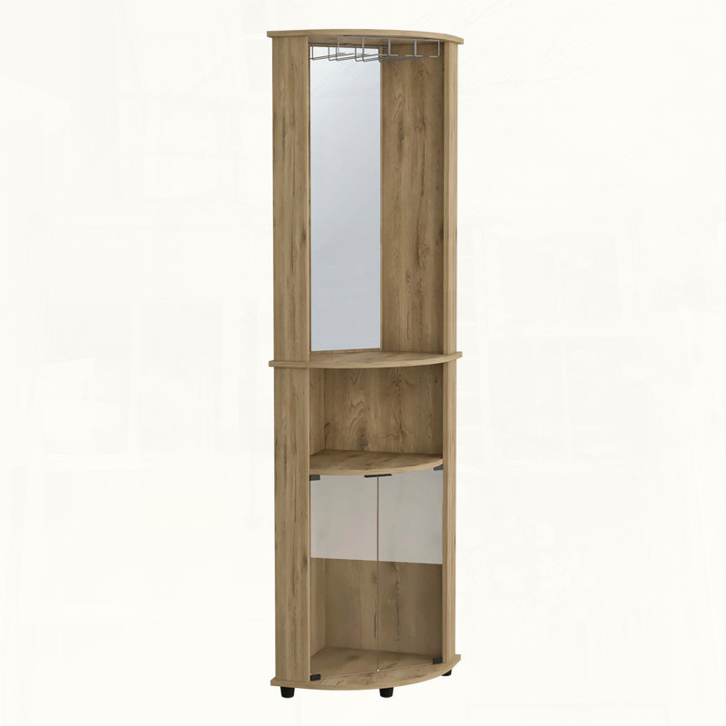 Mirrored Corner Bar Cabinet with Glass Doors and Stemware Rack, Beige