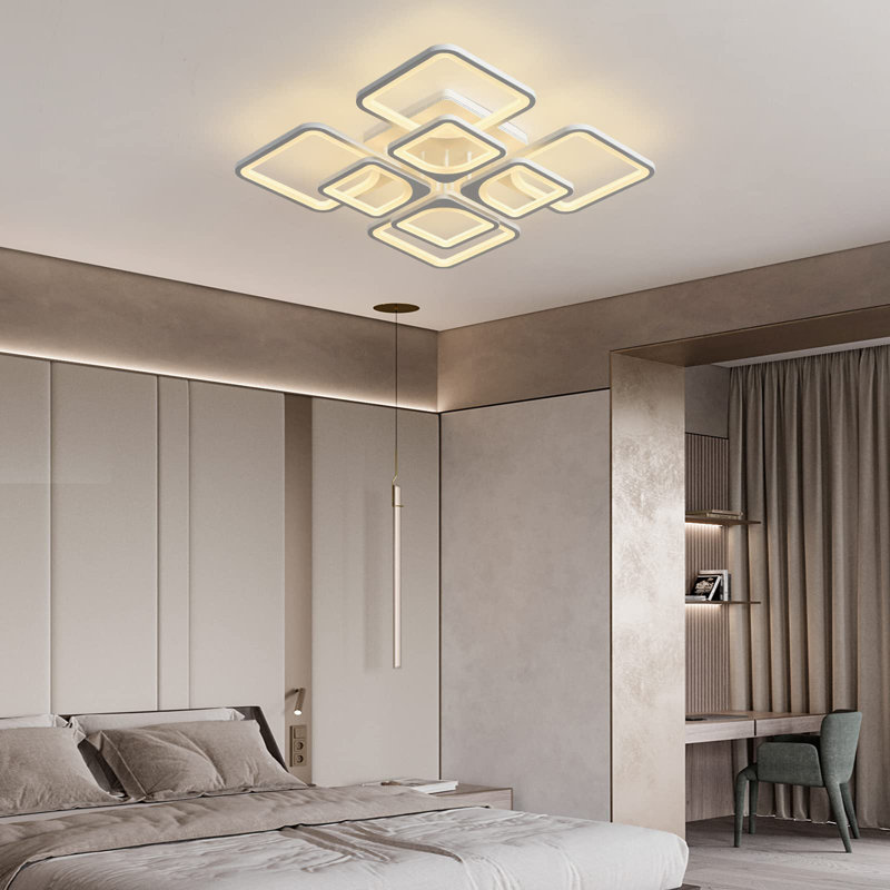8-Light 60cm Modern Ceiling Light, Dimmable LED Flush Mount with Remote, Rectangle Acrylic Chandelier, White