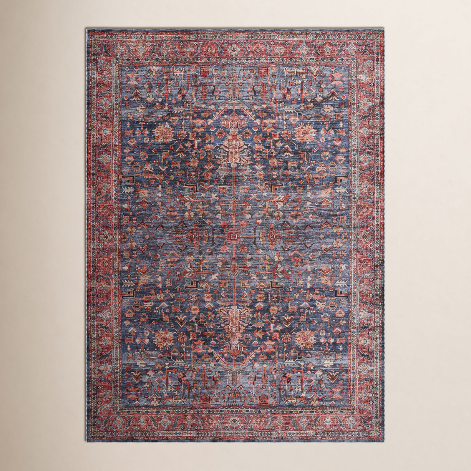 Lotte Oriental Machine Washable Flatweave Area Rug in Navy Blue/Brick Red, Rectangle 4' x 6'