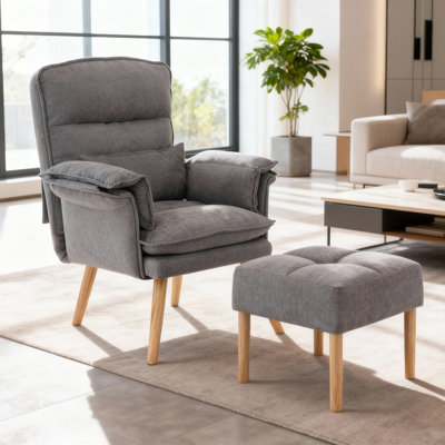 Upholstered Accent Chair with Adjustable Backrest, Modern Armchair with Ottoman for Living Room or Bedroom