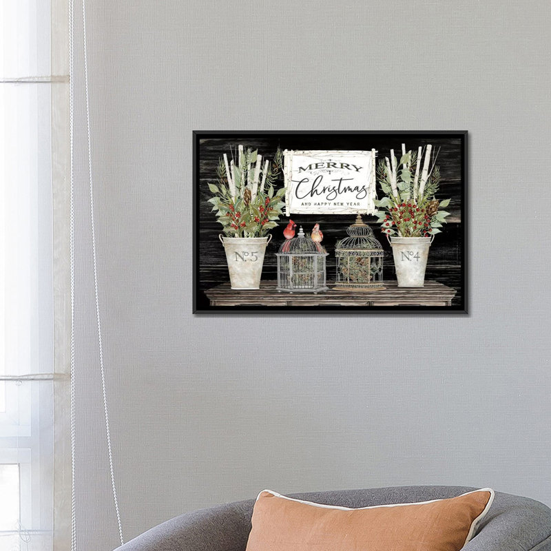 Floral Merry Christmas par Cindy Jacobs-impression d’art graphique, H 18 po x l 26 po x P 1,5 po, Toile avec cadre noir