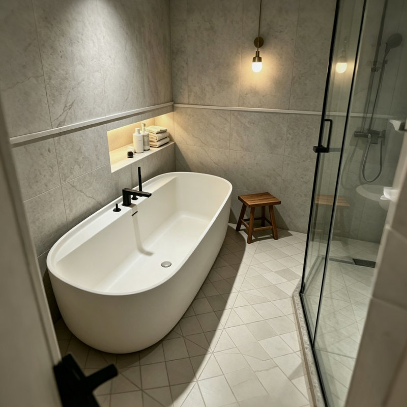 Baignoire de trempage profonde autoportante une pièce à surface solide pour la maison, H 22,05 po x l 59,06 po x P 30,71 po