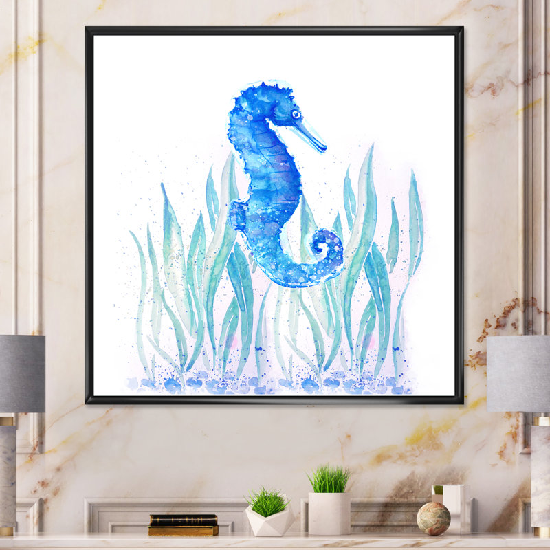Hippocampe bleu - art mural sur toile traditionnel, H 16 po x l 16 po x P 1 po, Cadre flottant noir