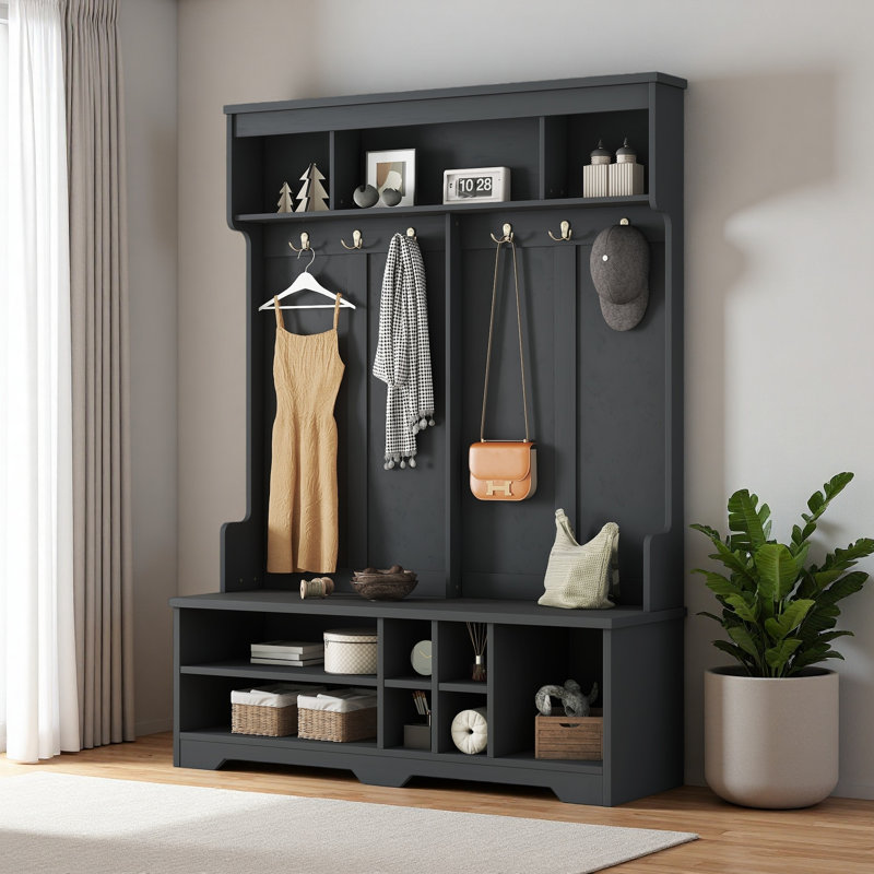 Modern Hallway Hall Tree With Metal Hooks And Storage Space, Multi-Functional Entryway Coat Rack With Shoe Cubbies, Black