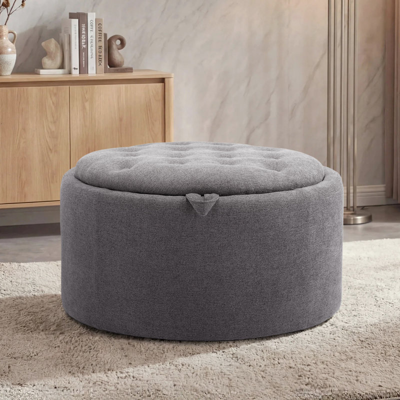 Repose-pieds capitonné rond 27,2 po avec rangement, Chenille - gris foncé