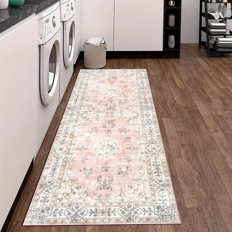 European-Inspired Floral Hallway Runner Rug with Non-Slip Rubber Backing, Machine Washable Polypropylene Accent Rug