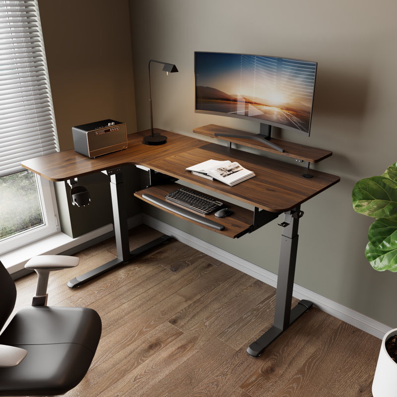 Adjustable L-Shaped Metal Base Standing Desk, Left Hand Return, Walnut/Black