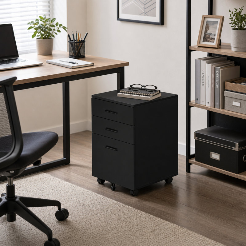 Classeur stratifié contemporain avec tiroirs de rangement et support pour imprimante, Noir