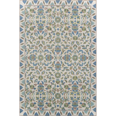 Lugano Hand-Tufted Wool Loop Pile Indoor Rug Traditional Bordered Cream Blue Green