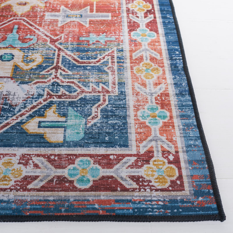 Tucson Vintage Look Machine Washable Non-Slip Area Rug in Rust & Blue, Square 183 cm