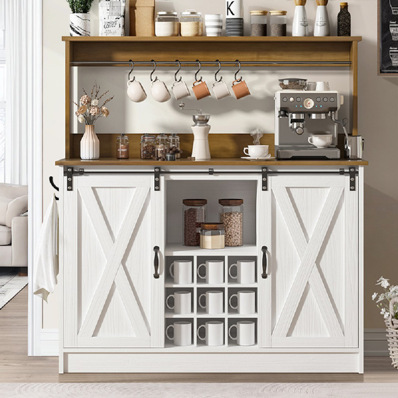 Abrianna Bar Cabinet,Farmhouse Coffee Bar Cabinet with 6 Hooks, 47'' Kitchen Coffee Bar with Hutch and 9 Wink Racks