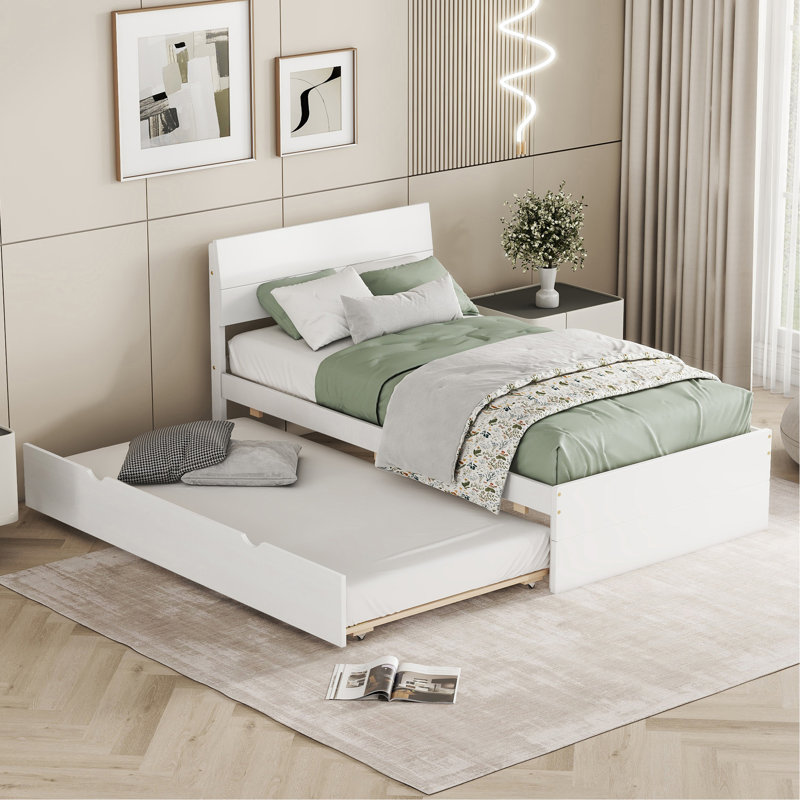 Modern Bed Frame With Twin Trundle For High Gloss Headboard And Footboard, White