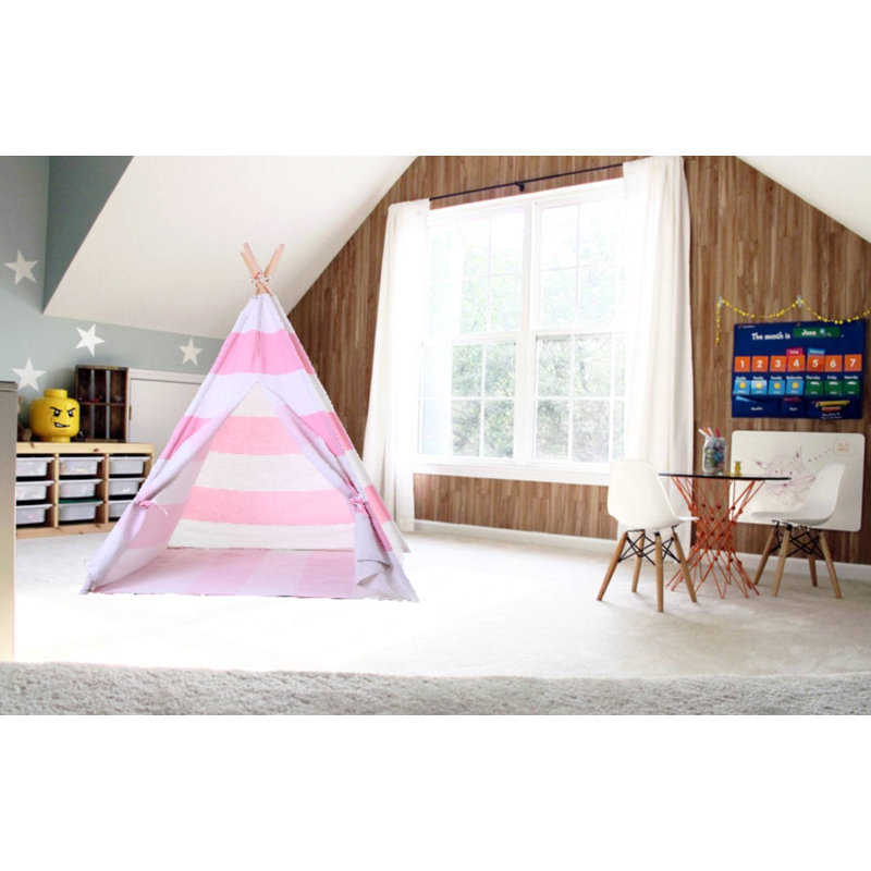 Blue Elephant 121.92cm W x 121.92cm D Indoor Canvas Triangular Play Tent, Pink/White