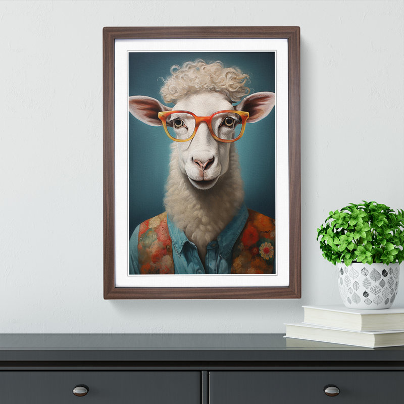 Sheep with Glasses Painting - Framed Print, Walnut Framed, 34cm H x 25cm W x 2cm D