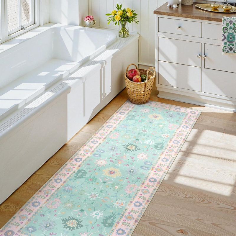 Kaldi Washable Oushak Rug, Non Slip Area Rug for Bedroom, Floral Boho Rugs Vintage Mat,Soft Rug, Runner 2' x 6'