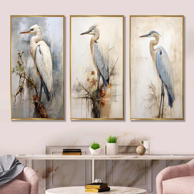 «Majestic Blue Heron Horizon», ensemble de 4 reproductions d'art sur toile, Cadre flottant doré, H 40 po x l 60 po
