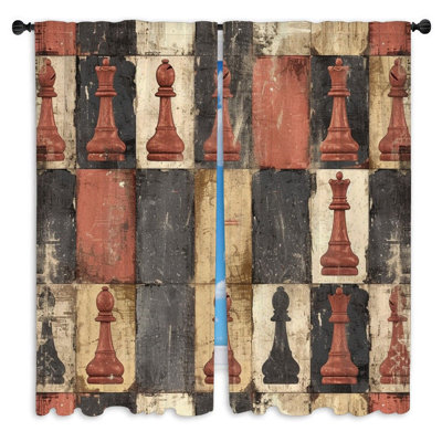 Chess Pieces Window Curtains  Game Checkerboard Layout Drapes - 2 Panels