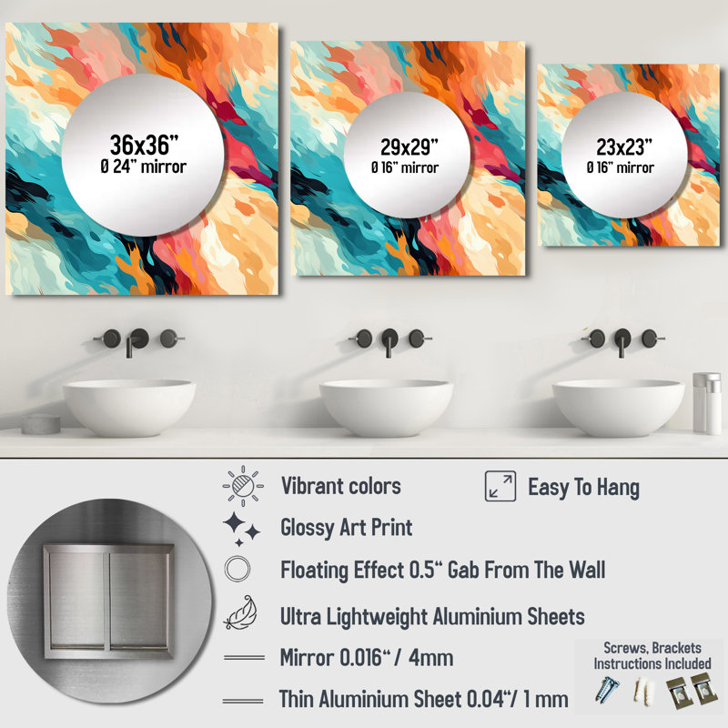 Multicolor Feather Fury - Modern Square Living Room Wall Mirror Art, 29 po x 29 po