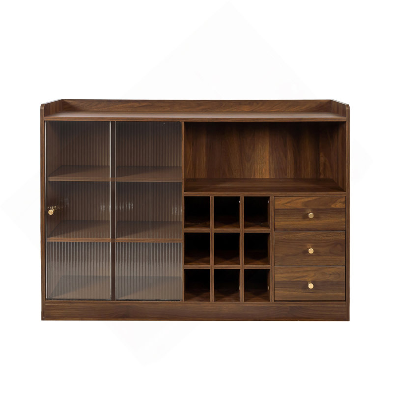 Sideboard With 2 Sliding Striped Glass Doors, Freestanding Countertop Storage Cabinet For Bottles, Wine And So On
