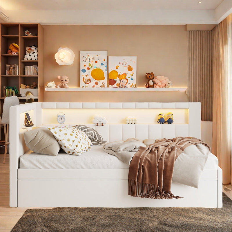 Upholstered Platform Bed with USB Ports, LED Belt and Trundle Shorifa, White