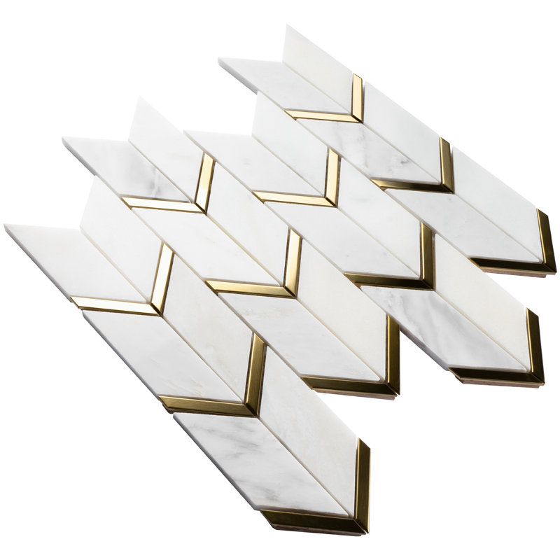 Natural Bianco 1" x 2" Herringbone / Chevron Mosaic Wall Tile, White/Gold