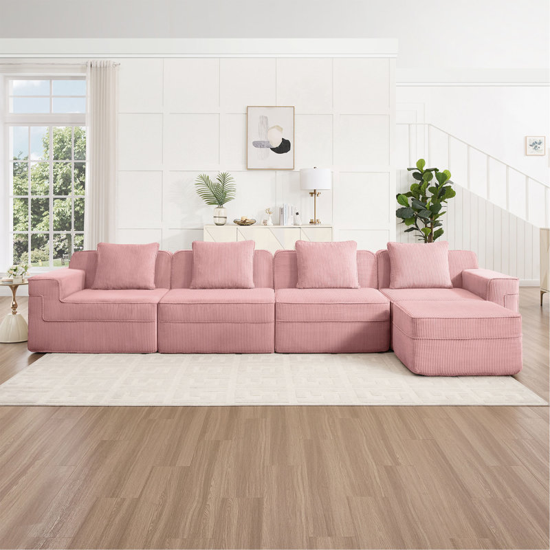 Canapé modulaire modulaire en L à 4 places sans os, canapé modulaire Cloud avec assise profonde, canapé modulaire moderne à 4 places avec coussins décoratifs et 1 repose-pieds mobile, tissu en velours côtelé