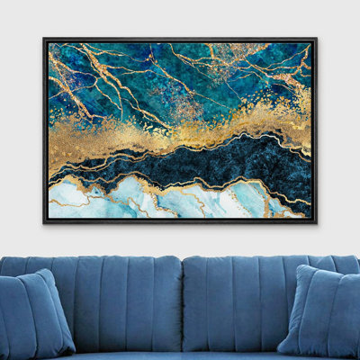 Or et sarcelle marbré foncé, paysage abstrait, formes modernes, sur toile