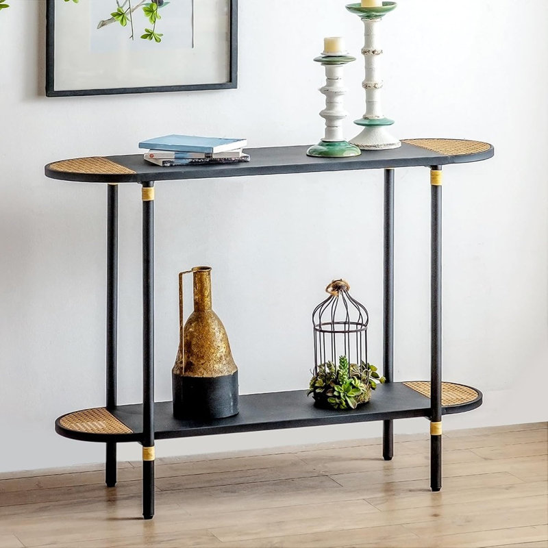 Console en métal noir avec décor en rotin, table d'entrée à 2 niveaux, 42,32 po