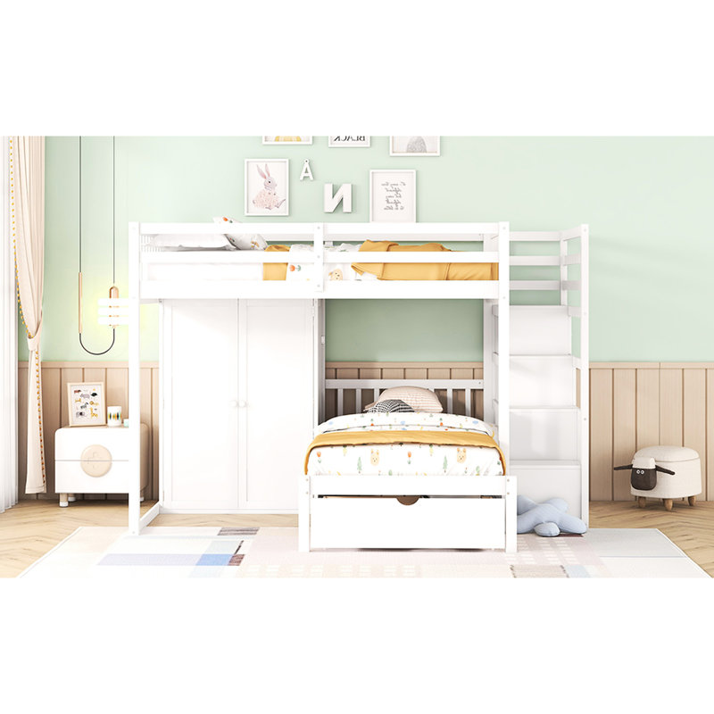 Lit superposé avec garde-robe et tiroirs - Créez un espace de vie blanc avec des espaces de rangement efficaces pour les pièces bien rangées