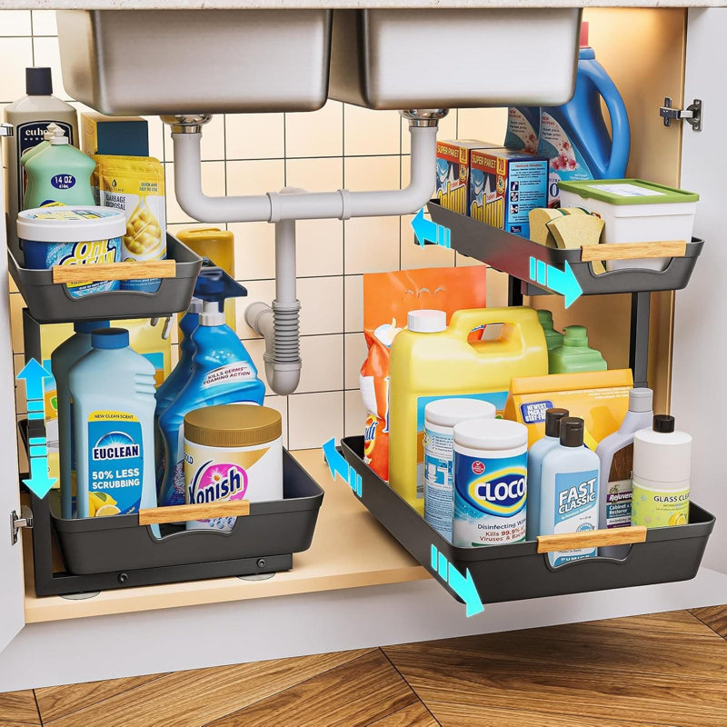 Organisateur sous l'évier avec paniers coulissants, organisateur d'armoire réglable en L à 2 niveaux pour le rangement du garde-manger de la cuisine, assemblage sans outil