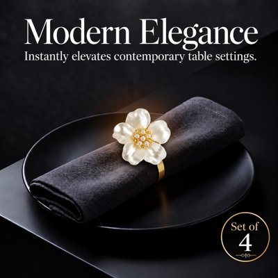 Floral Gold and White Napkin Rings Set of 4 – Elegant Christmas Table Decor for Dining and Kitchen