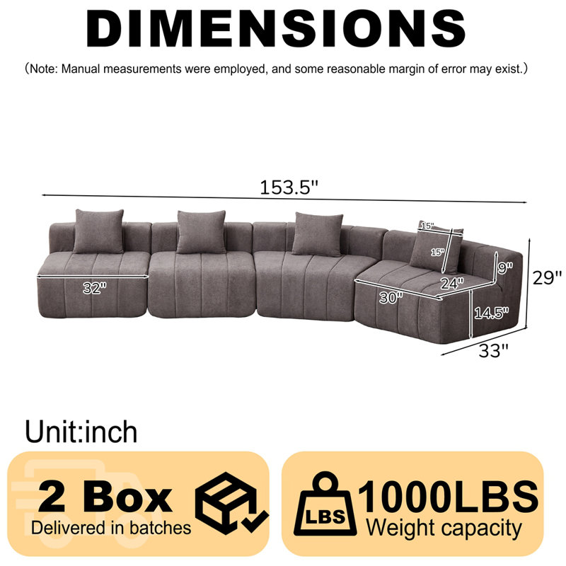 Canapé modulaire courbé en chenille avec 4 coussins, canapé modulaire symétrique courbé, deux sièges courbés et deux sièges simples, deux sièges courbés et deux sièges simples