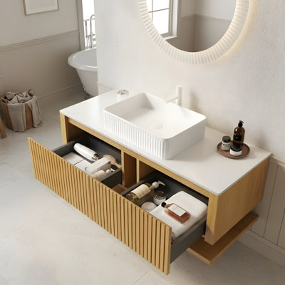 48" Bathroom Vanity with Sink, Wall Mounted Plywood Bathroom Storage Cabinet with Drawers and Open Shelf, Sintered Stone Countertop and Ceramic Basin, Pre-assembled, Corolla Oak Woodgrain Color