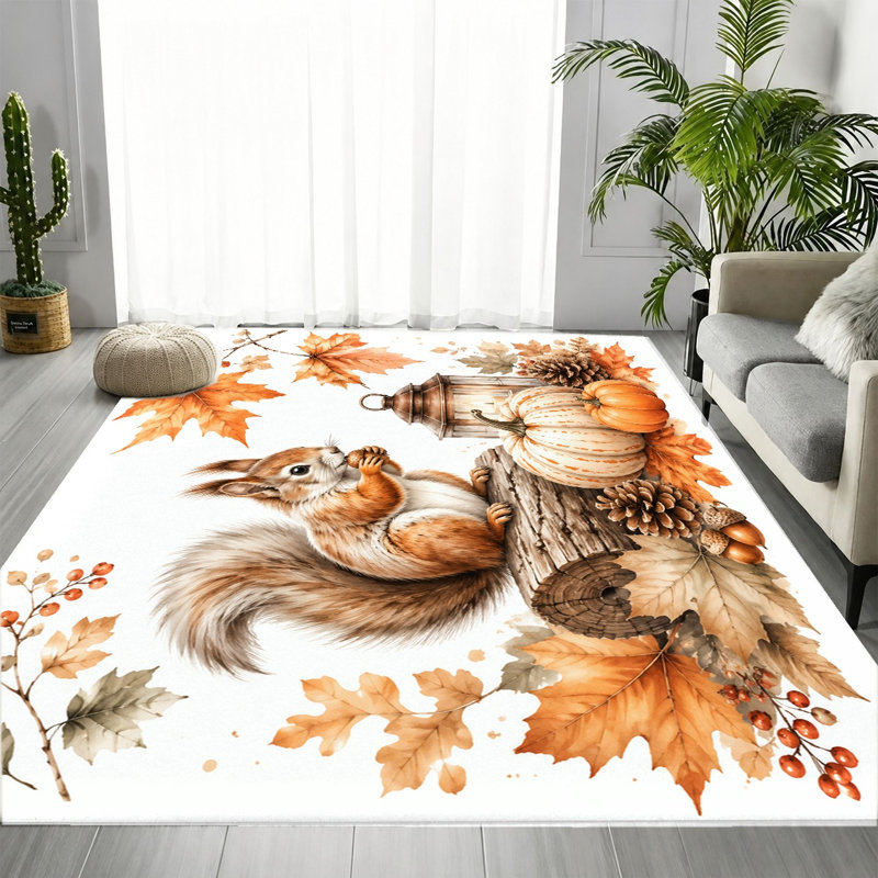 Tapis à motif de feuilles d'érable et de citrouille d'automne écureuil d'automne, détails de style aquarelle, surface en velours, tapis antidérapant, lavable à la machine, décoration intérieure pour le salon, la chambre à coucher, la cuisine, le balcon, appartement