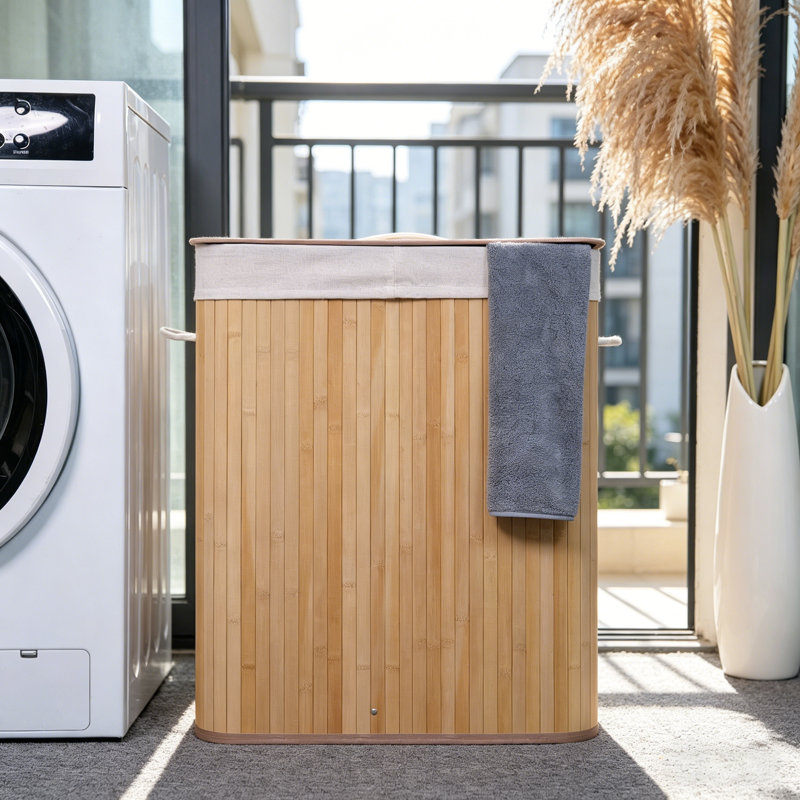 Folding Bamboo Laundry Hamper with Lid, 27.5 Gallon Wooden Laundry Basket with Washable Liner Bag, Slim Clothes Storage Hamper for Small Bedrooms Apartments Dorms